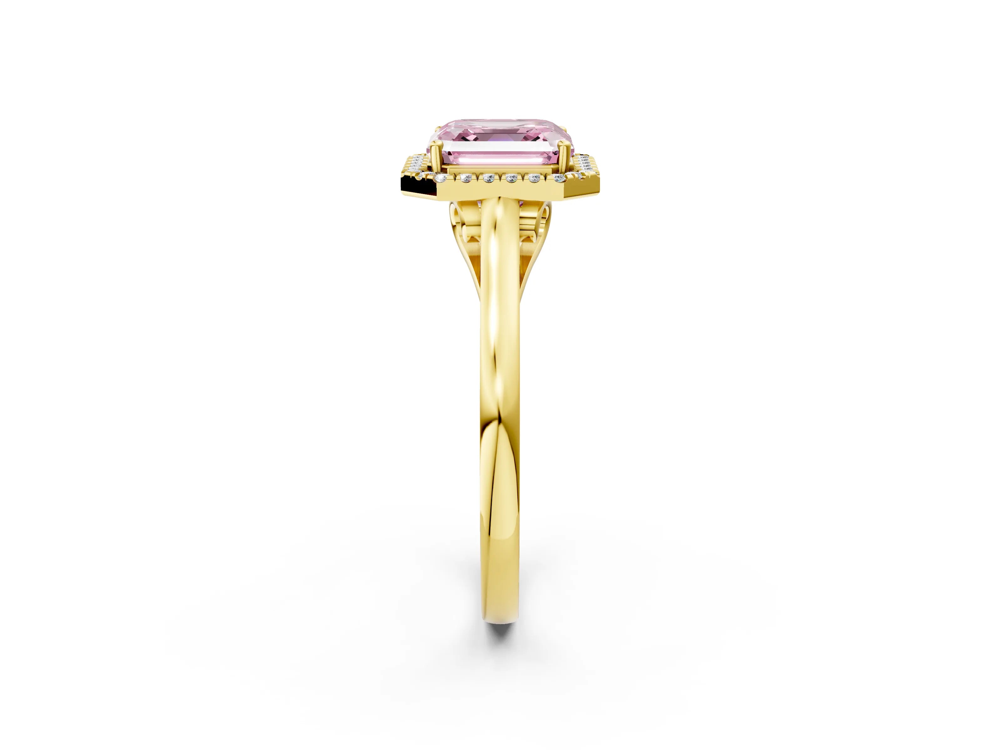 Yellow gold Fancy Pink Asscher Cut Halo Round Diamond Solitaire Ring with Pavé Band and Four-Prong Setting_2