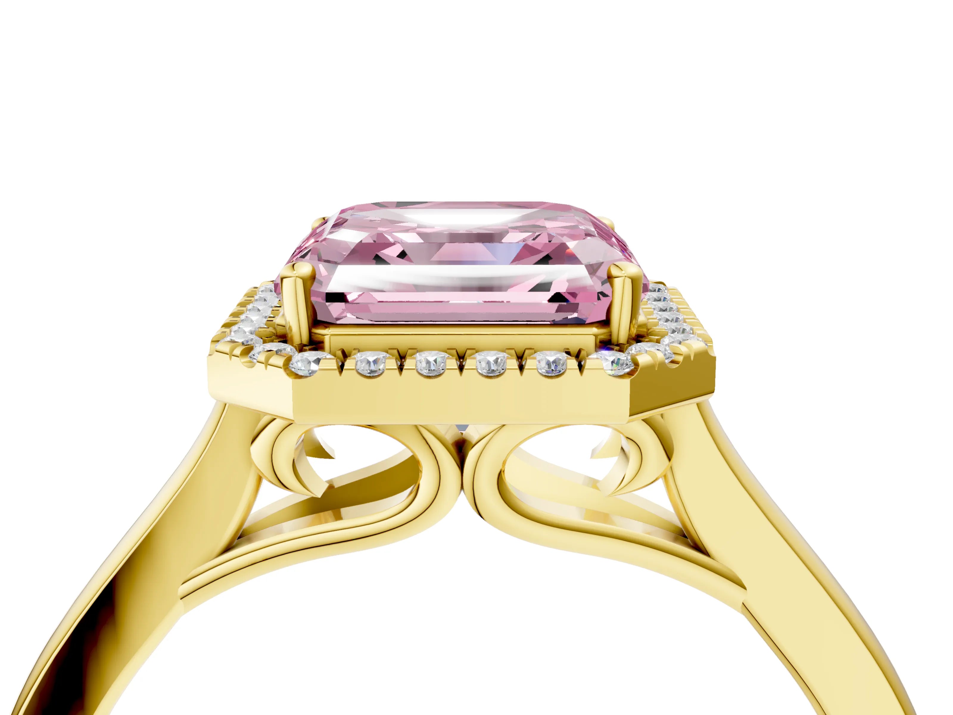 Yellow gold Fancy Pink Asscher Cut Halo Round Diamond Solitaire Ring with Pavé Band and Four-Prong Setting_4