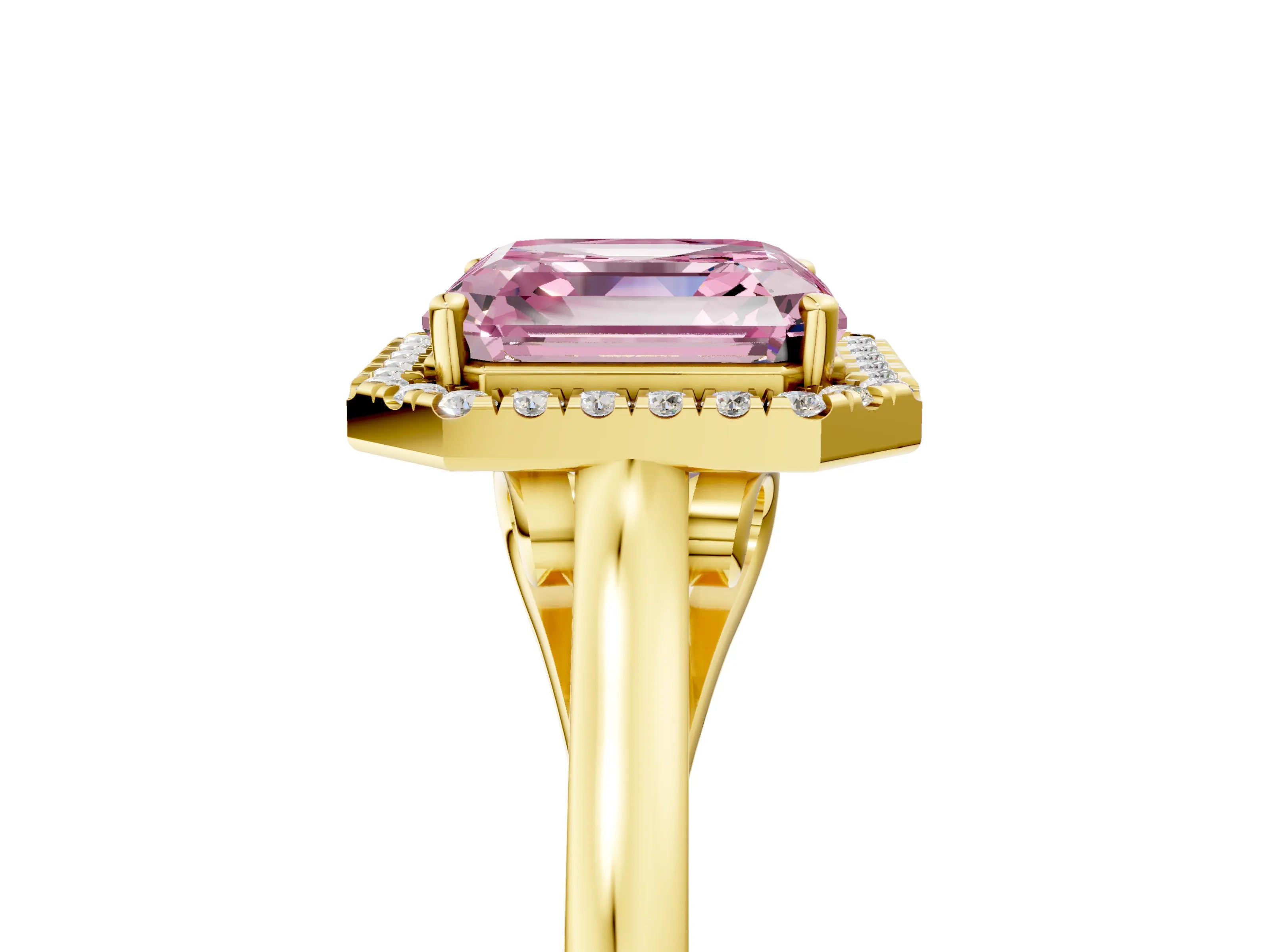 Yellow gold Fancy Pink Asscher Cut Halo Round Diamond Solitaire Ring with Pavé Band and Four-Prong Setting_5