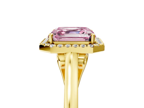 Yellow gold Fancy Pink Asscher Cut Halo Round Diamond Solitaire Ring with Pavé Band and Four-Prong Setting_5
