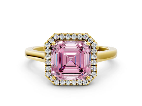 Yellow gold Fancy Pink Asscher Cut Halo Round Diamond Solitaire Ring with Pavé Band and Four-Prong Setting