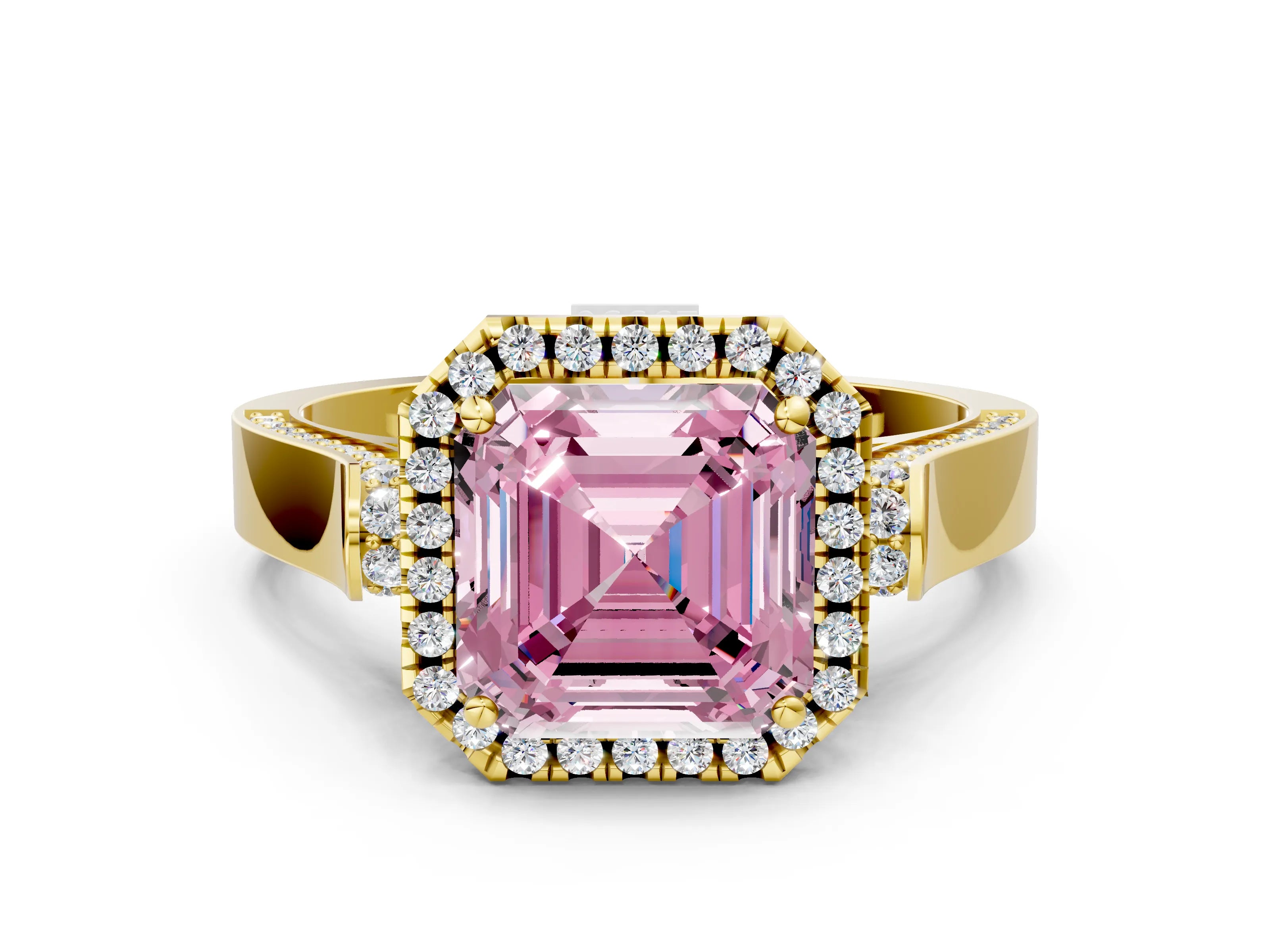 Yellow gold Fancy Pink Asscher Cut Halo Round Diamond Twist Band with Four-Prong Setting