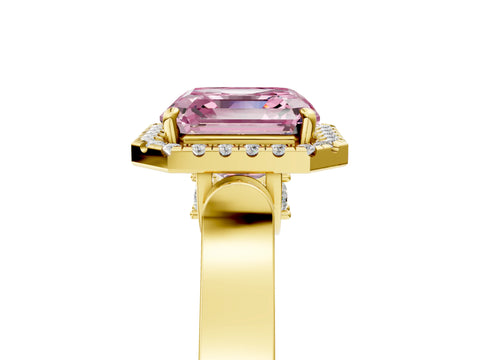 Yellow gold Fancy Pink Asscher Cut Halo Round Diamond Twist Band with Four-Prong Setting_5