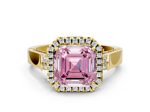 Yellow gold Fancy Pink Asscher Cut Halo Round Diamond Twist Band with Four-Prong Setting