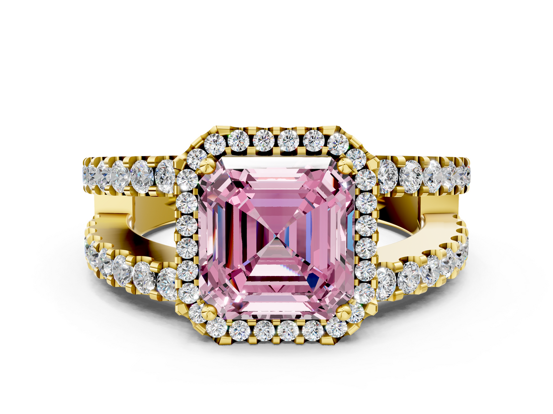 Yellow gold Fancy Pink Asscher  Cut Halo Split Shank Diamond Ring with Four-Prong Setting