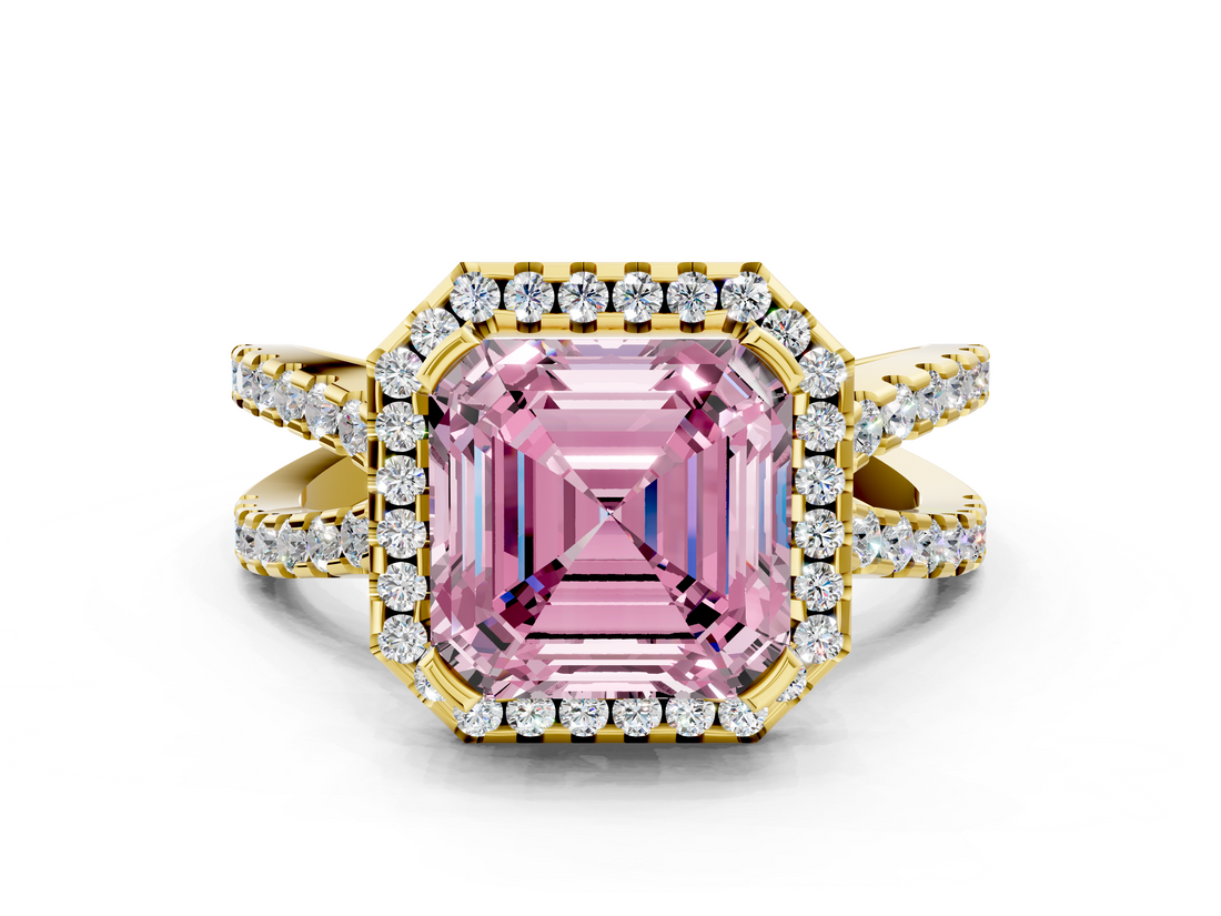 Yellow gold Fancy Pink Asscher  Cut Halo Split Shank Pave Set Ring_18