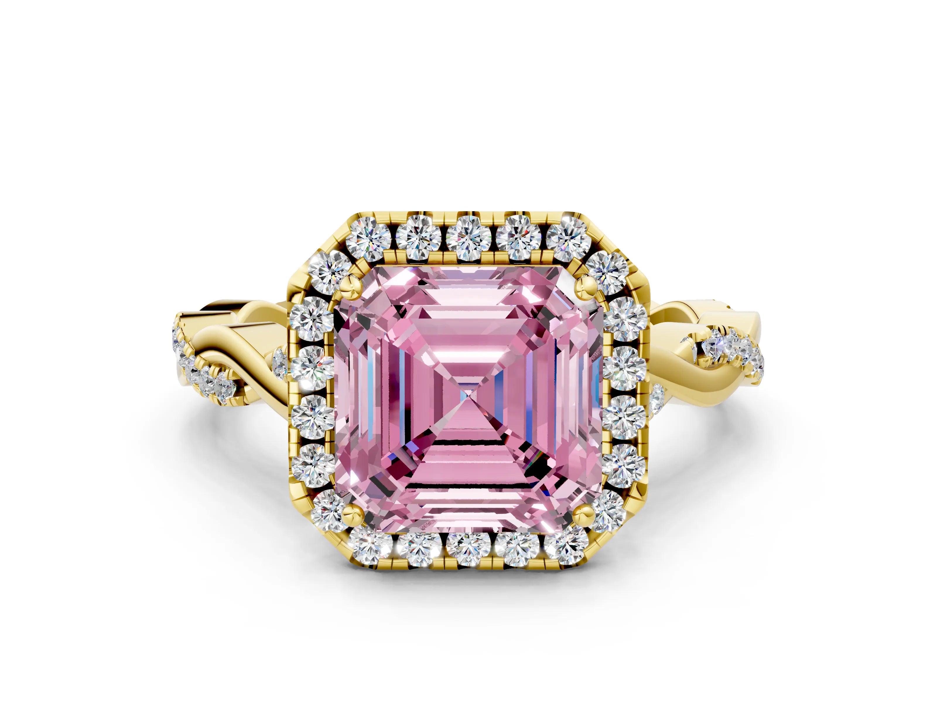Yellow gold Fancy Pink Asscher Cut Halo Twist Band with Four-Prong Setting
