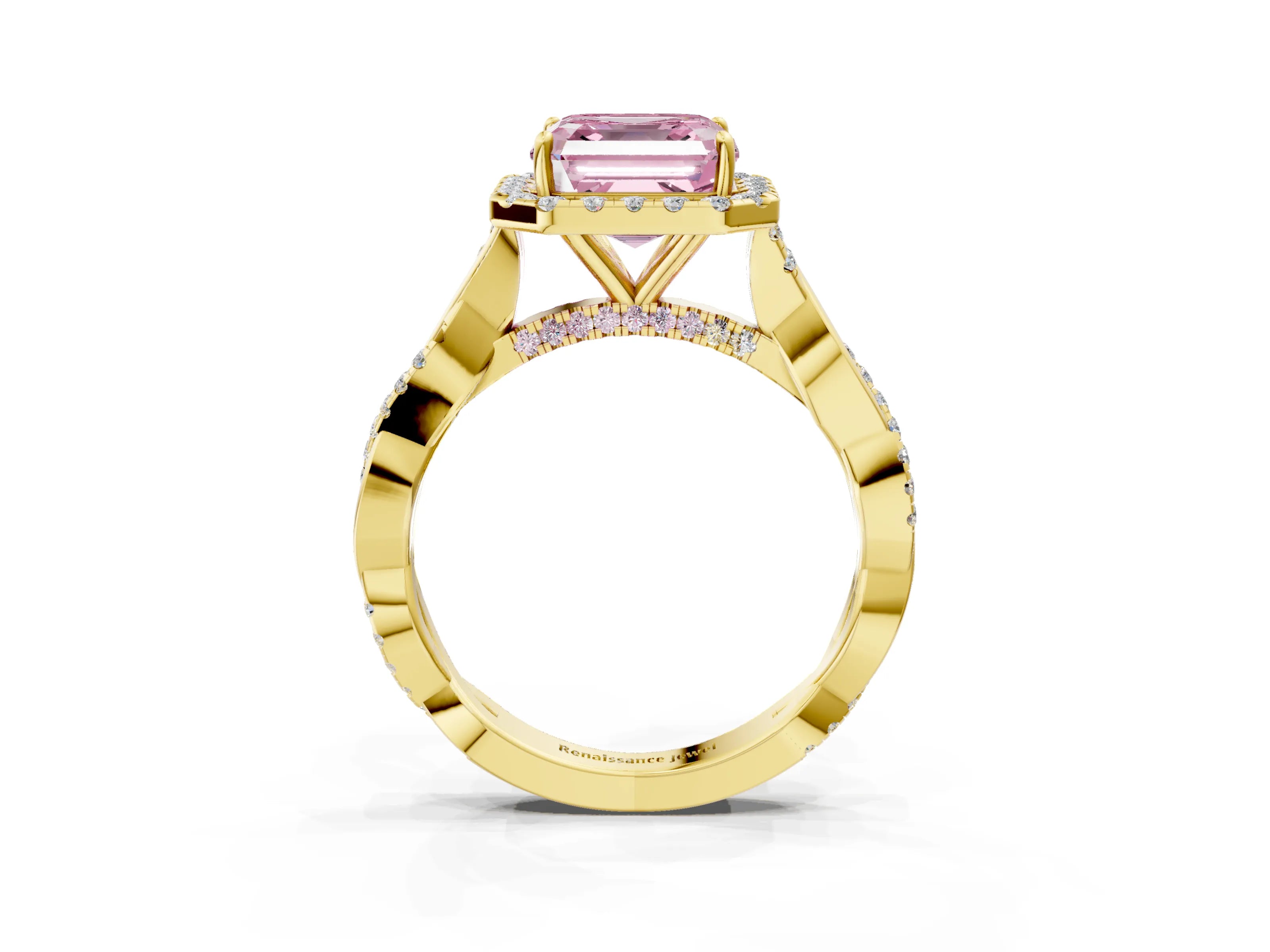 Yellow gold Fancy Pink Asscher Cut Halo Twist Band with Four-Prong Setting_15