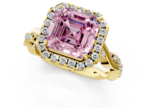 Yellow gold Fancy Pink Asscher Cut Halo Twist Band with Four-Prong Setting_1