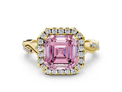 Yellow gold Fancy Pink Asscher Cut Halo Twist Band with Four-Prong Setting