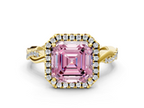Yellow gold Fancy Pink Asscher  Cut Halo Twisted Band Four-Prong Ring