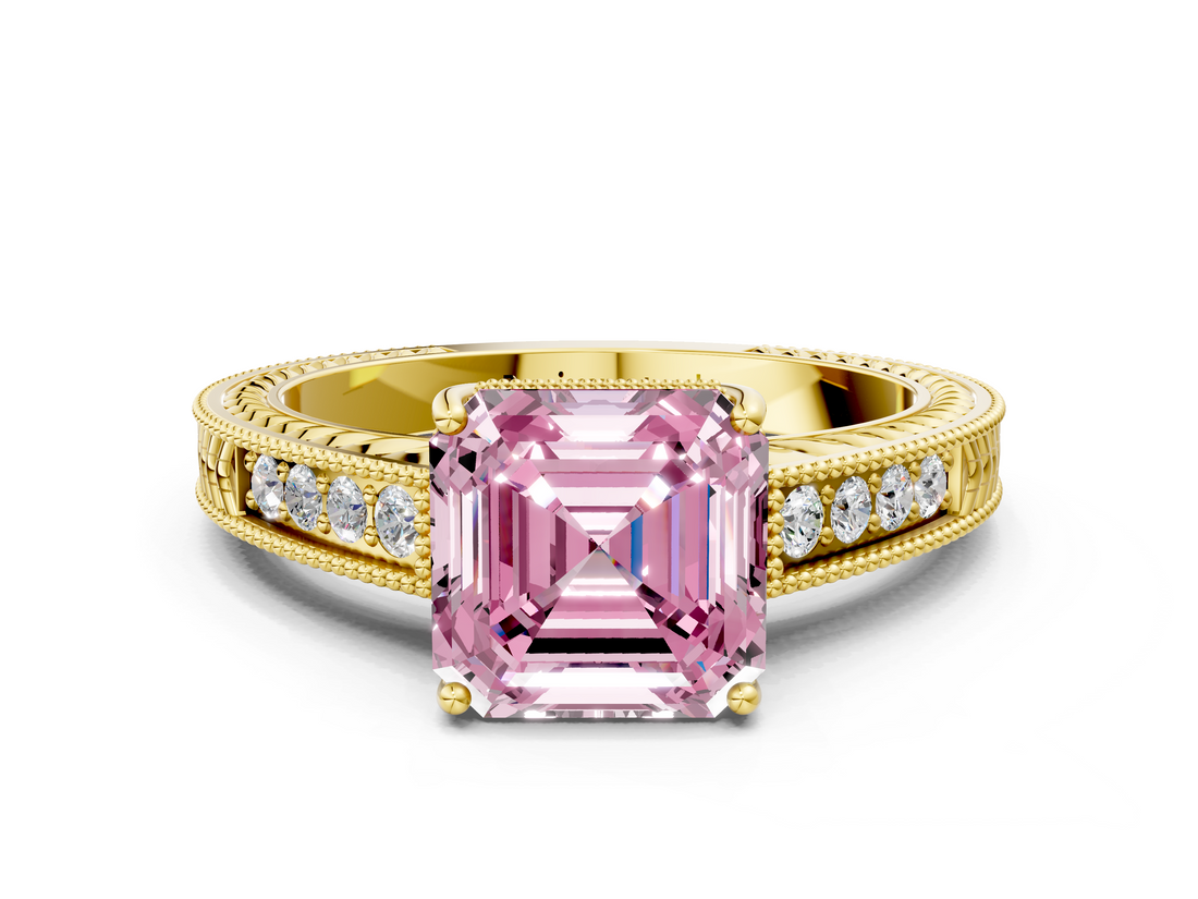 Yellow gold Fancy Pink Asscher  Cut Milgrain Channel Set Engagement Ring with Solitaire Prong Setting_16