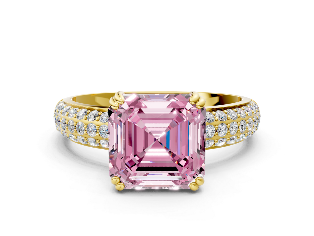 Yellow gold Fancy Pink Asscher  Cut Pave Diamond Engagement Ring with Channel Set Band and Four-Prong Setting