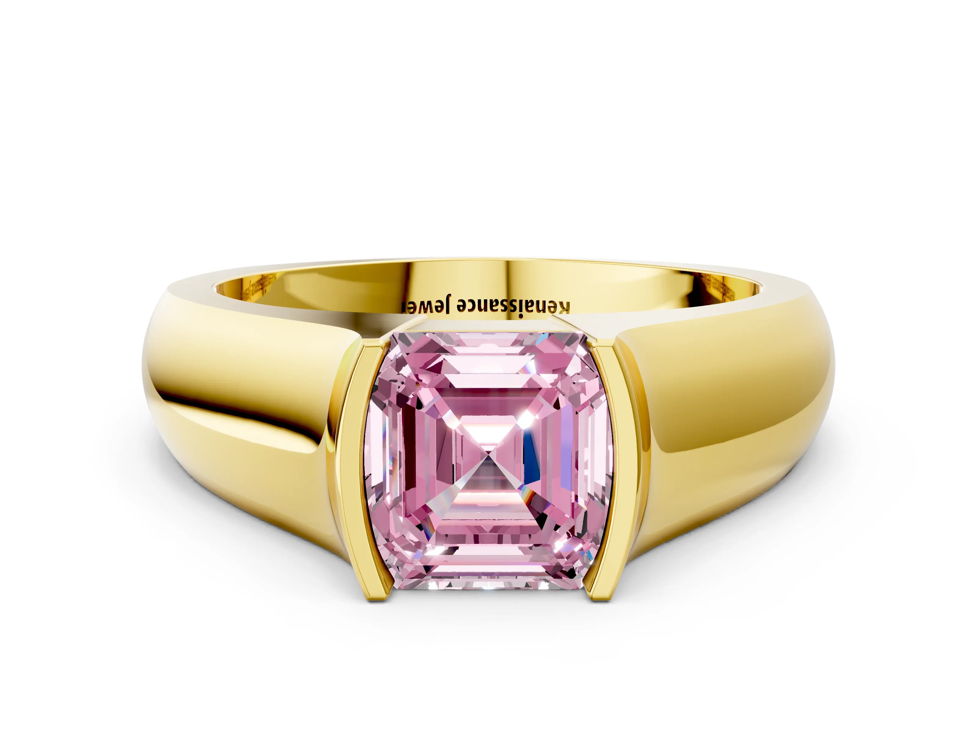 Yellow gold Fancy Pink Asscher Cut Solitaire Bezel Set Diamond Ring with Wide Band