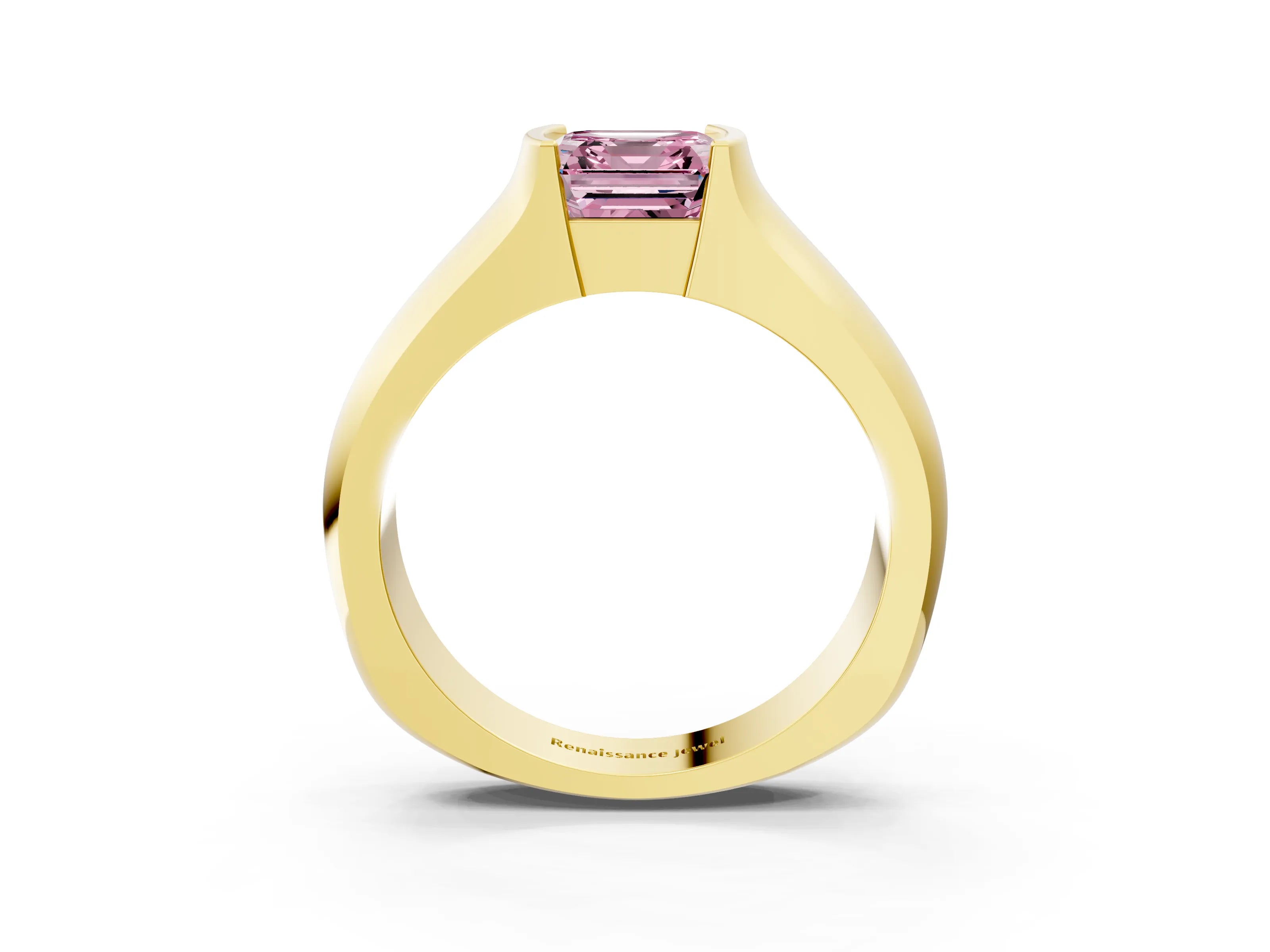 Yellow gold Fancy Pink Asscher Cut Solitaire Bezel Set Diamond Ring with Wide Band_3