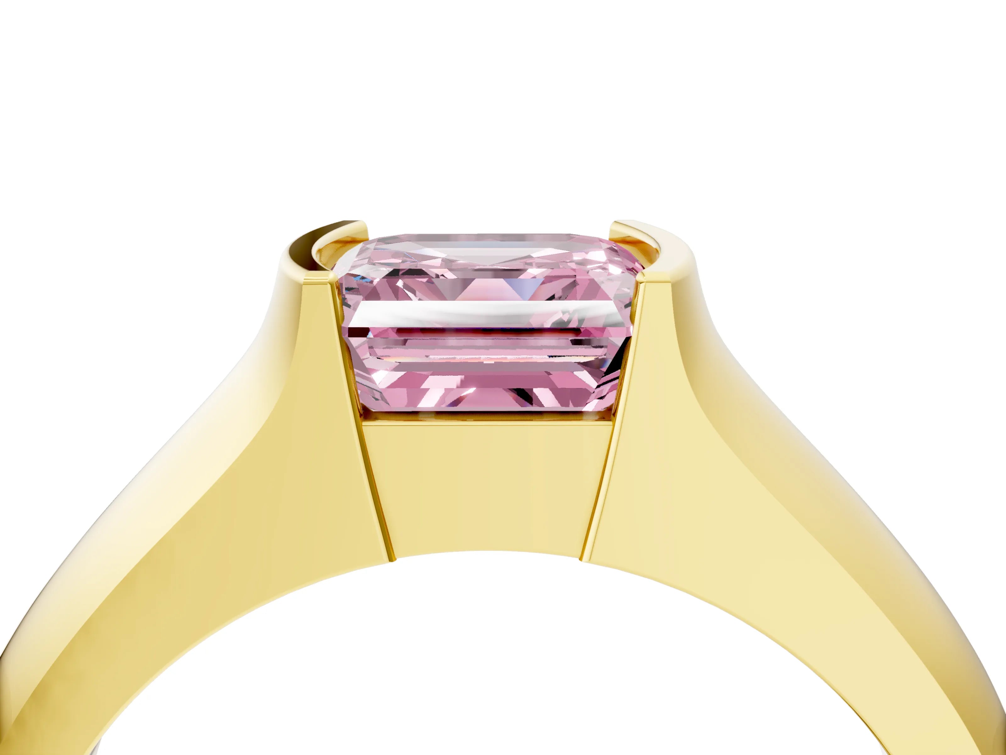 Yellow gold Fancy Pink Asscher Cut Solitaire Bezel Set Diamond Ring with Wide Band_4