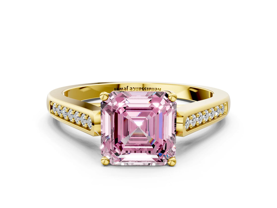 Yellow gold Fancy Pink Asscher Cut Solitaire Cathedral Diamond Engagement Ring with Channel-Set Band and Four-Prong Setting_3