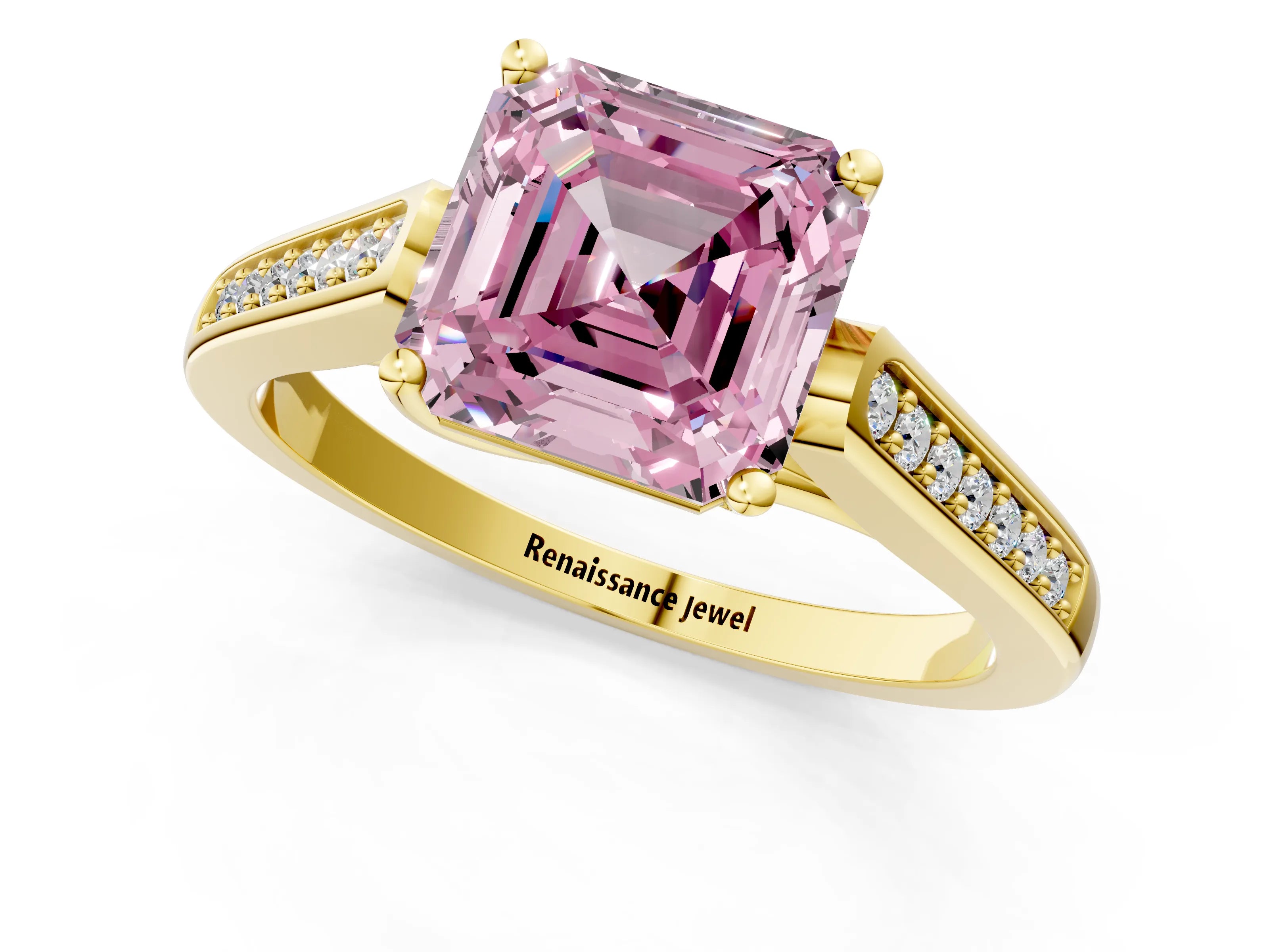 Yellow gold Fancy Pink Asscher Cut Solitaire Cathedral Diamond Engagement Ring with Channel-Set Band and Four-Prong Setting_4