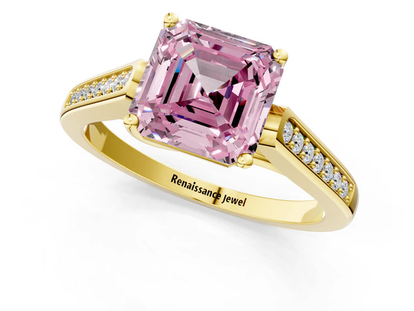 Yellow Gold Asscher Cut Cathedral Solitaire Engagement Ring Setting for Fancy Pink Center
