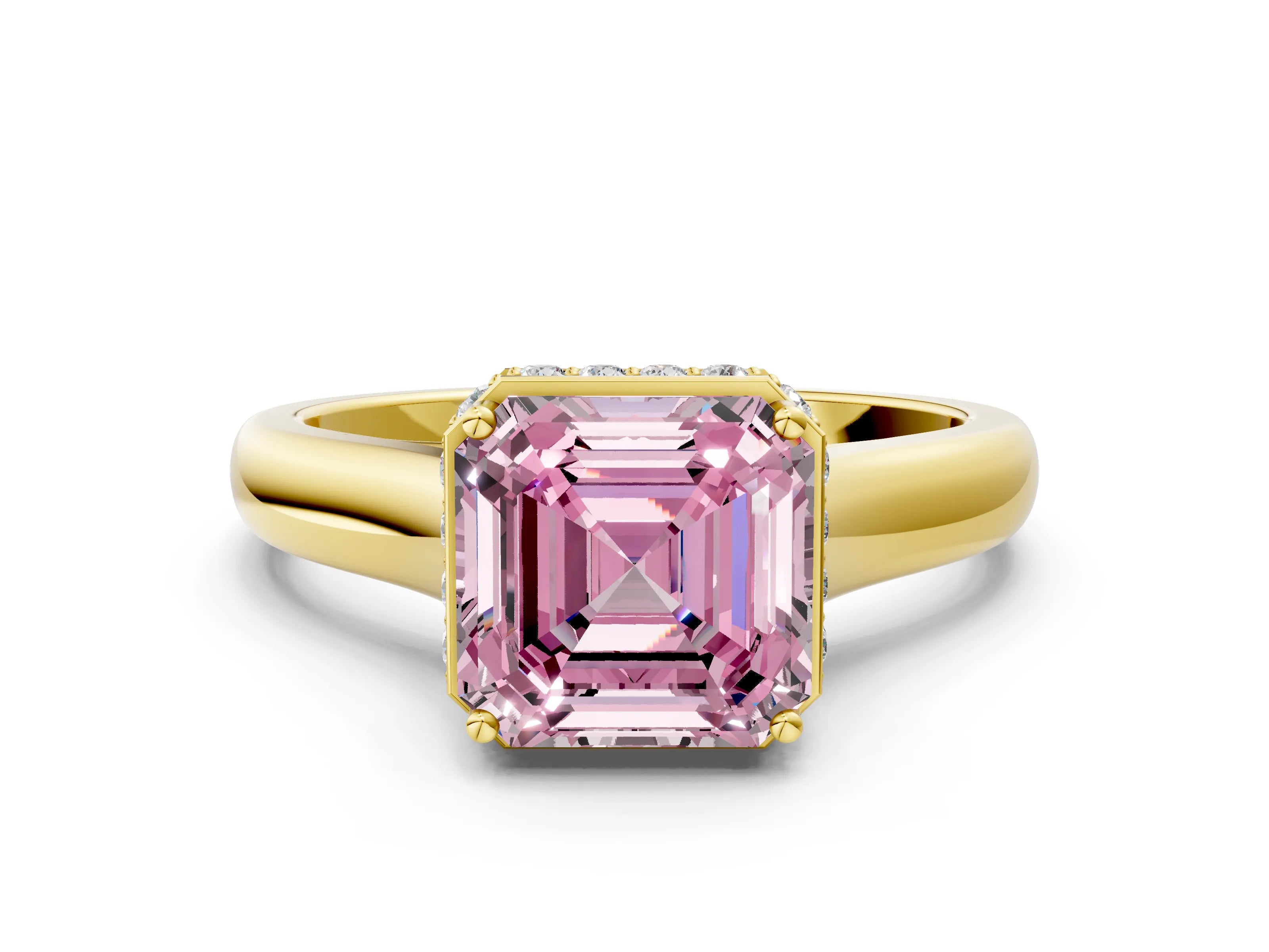 Yellow gold Fancy Pink Asscher Cut Solitaire Diamond Engagement Ring with Four-Prong Setting and Tapered Band