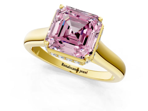 Yellow gold Fancy Pink Asscher Cut Solitaire Diamond Engagement Ring with Four-Prong Setting and Tapered Band_1