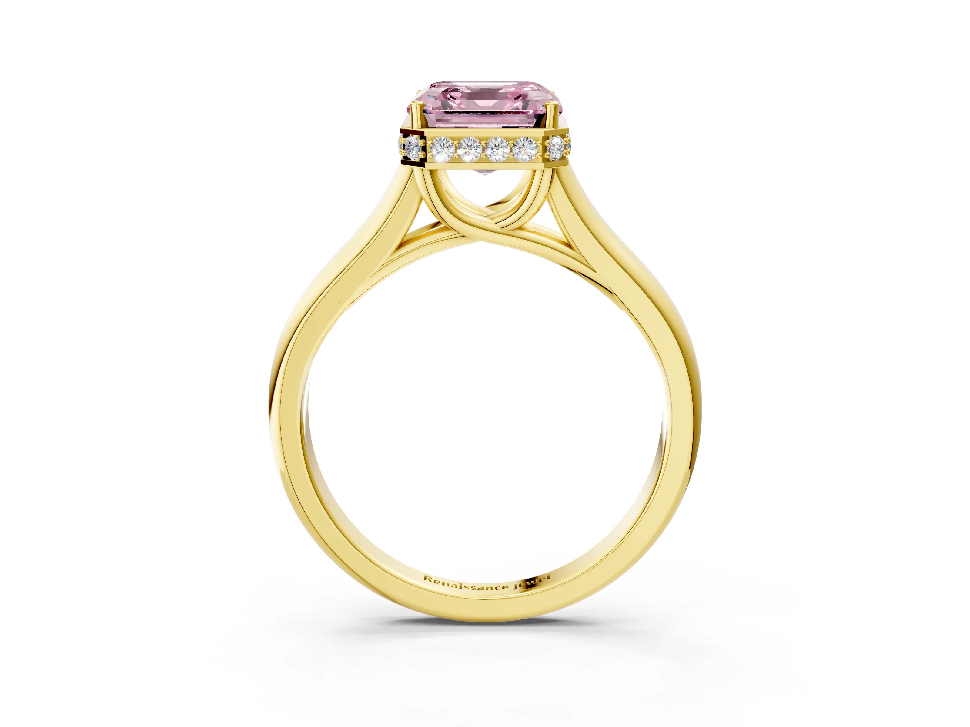 Yellow gold Fancy Pink Asscher Cut Solitaire Diamond Engagement Ring with Four-Prong Setting and Tapered Band_3