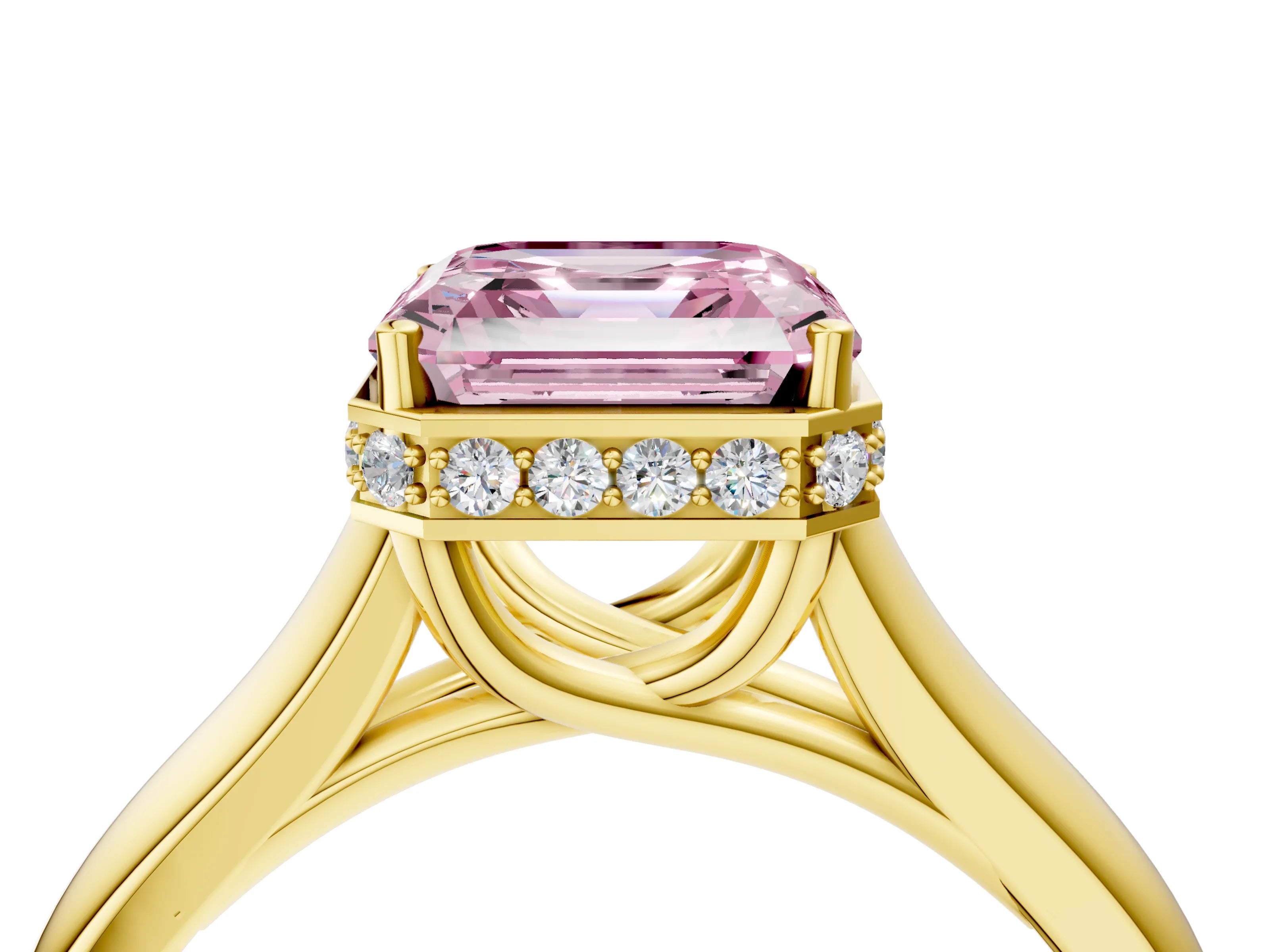 Yellow gold Fancy Pink Asscher Cut Solitaire Diamond Engagement Ring with Four-Prong Setting and Tapered Band_4