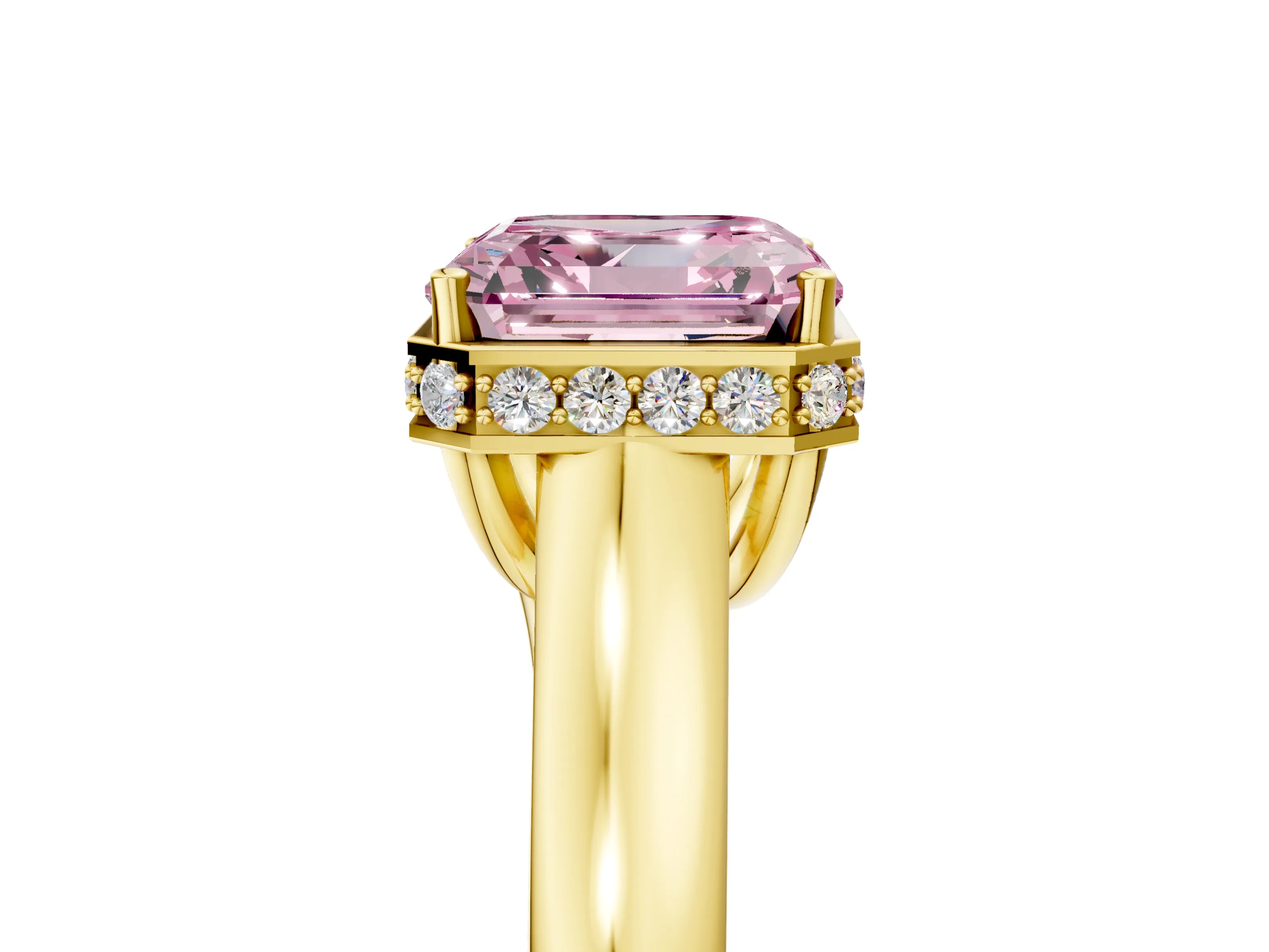 Yellow gold Fancy Pink Asscher Cut Solitaire Diamond Engagement Ring with Four-Prong Setting and Tapered Band_5