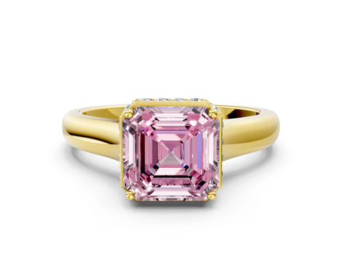 Yellow gold Fancy Pink Asscher Cut Solitaire Diamond Engagement Ring with Four-Prong Setting and Tapered Band