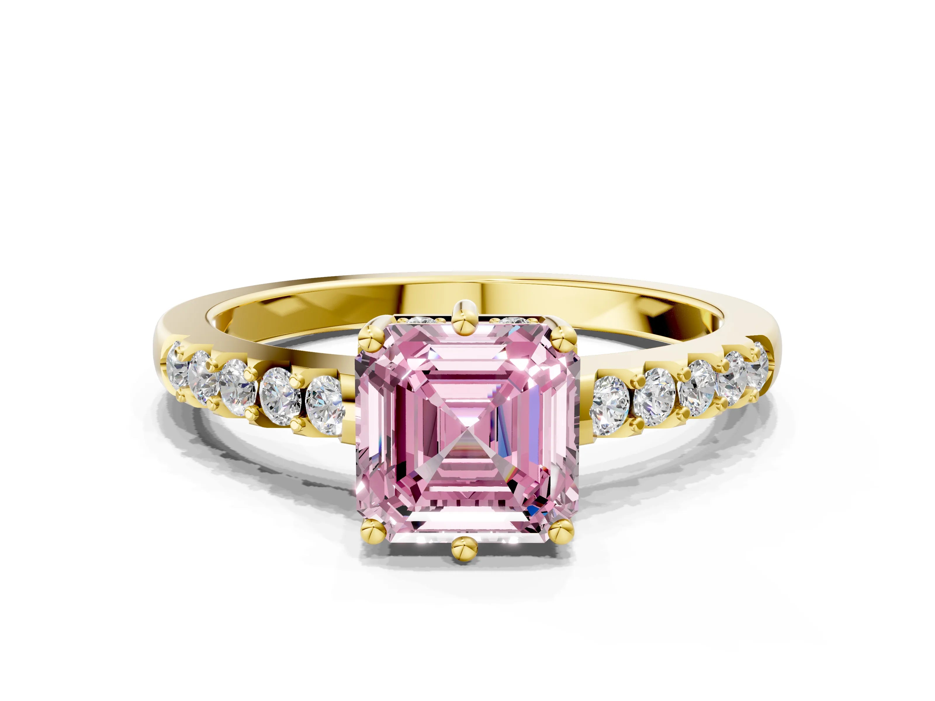 Yellow gold Fancy Pink Asscher Cut Solitaire Diamond Engagement Ring with Pavé Band and Six-Prong Setting