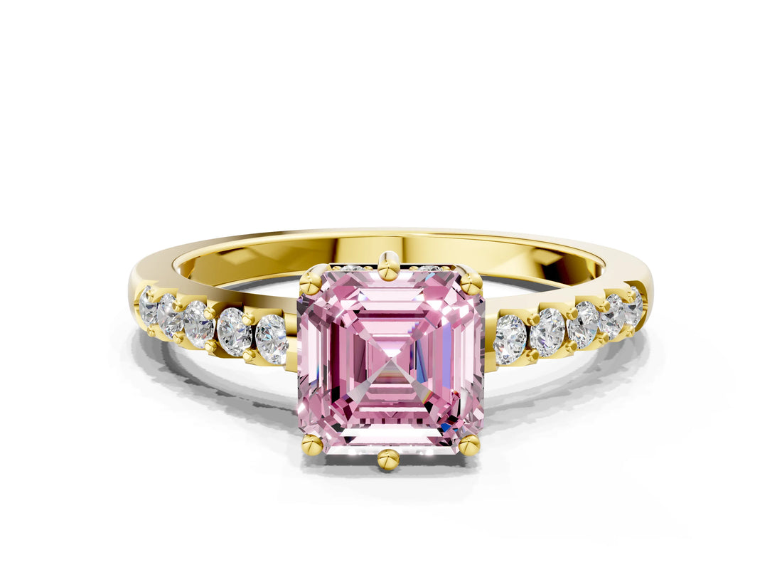 Yellow gold Fancy Pink Asscher Cut Solitaire Diamond Engagement Ring with Pavé Band and Six-Prong Setting