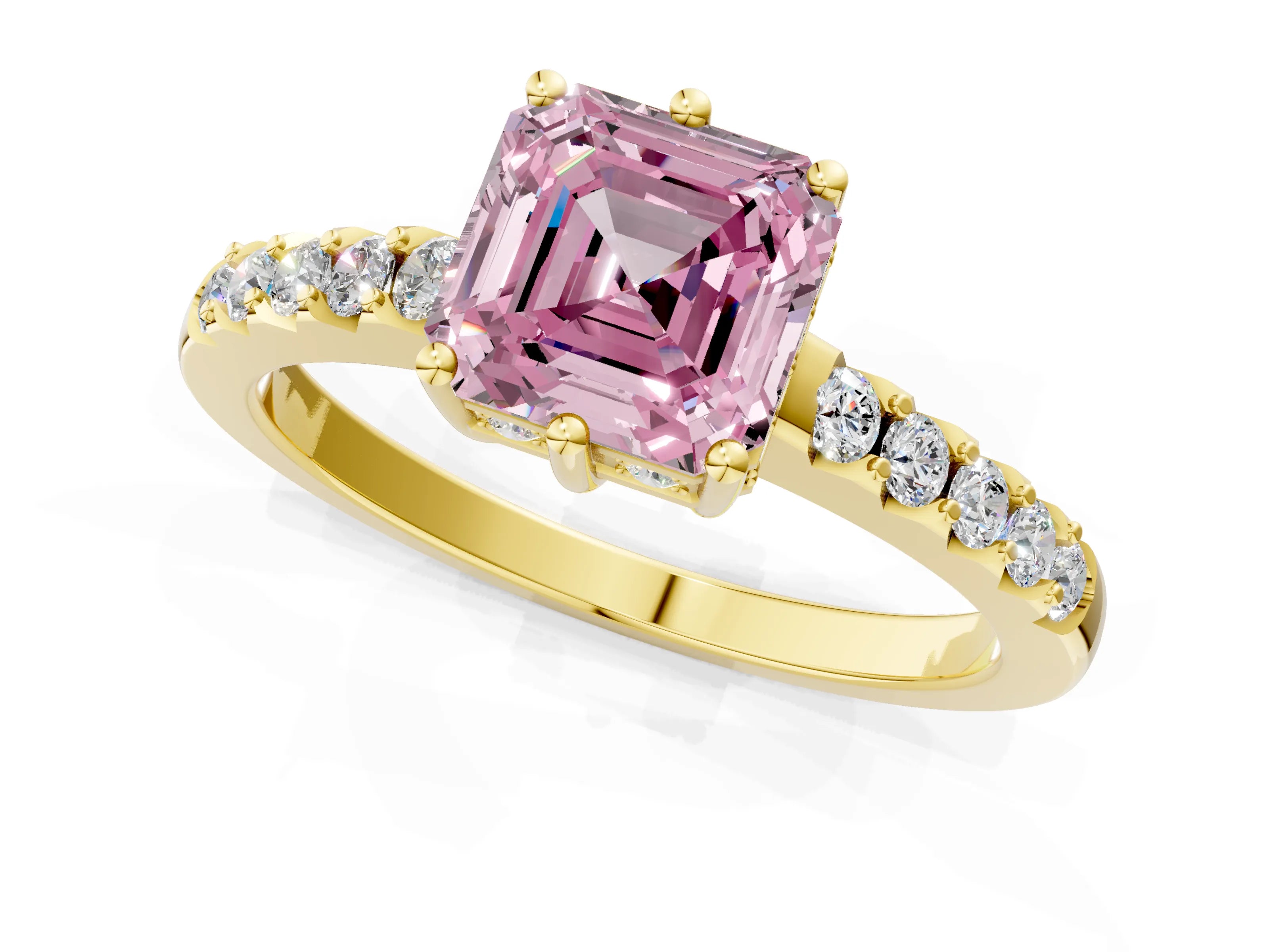 Yellow gold Fancy Pink Asscher Cut Solitaire Diamond Engagement Ring with Pavé Band and Six-Prong Setting_1