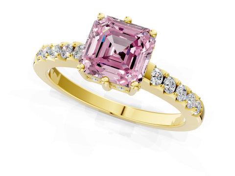 Yellow gold Fancy Pink Asscher Cut Solitaire Diamond Engagement Ring with Pavé Band and Six-Prong Setting_1