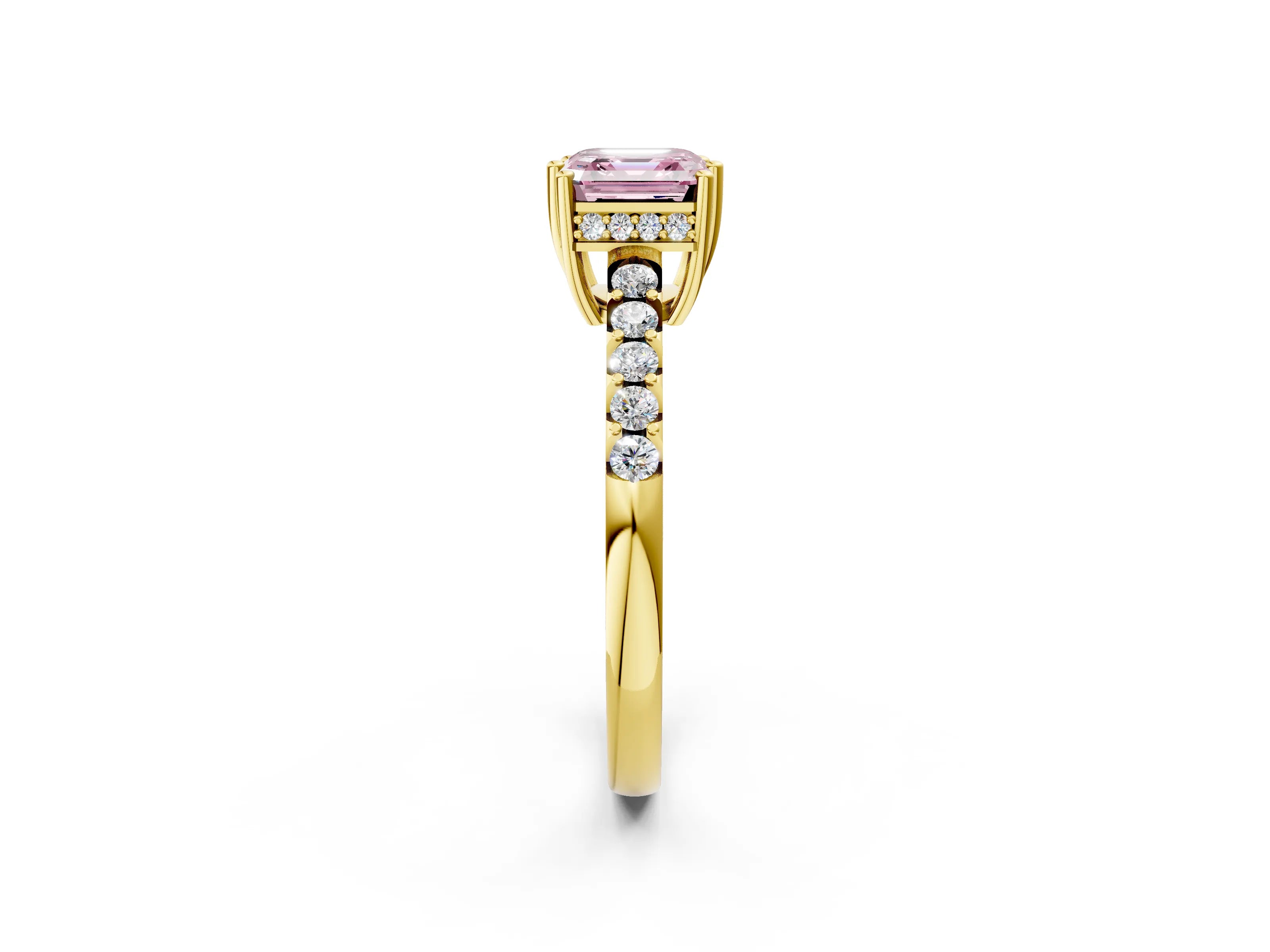 Yellow gold Fancy Pink Asscher Cut Solitaire Diamond Engagement Ring with Pavé Band and Six-Prong Setting_2