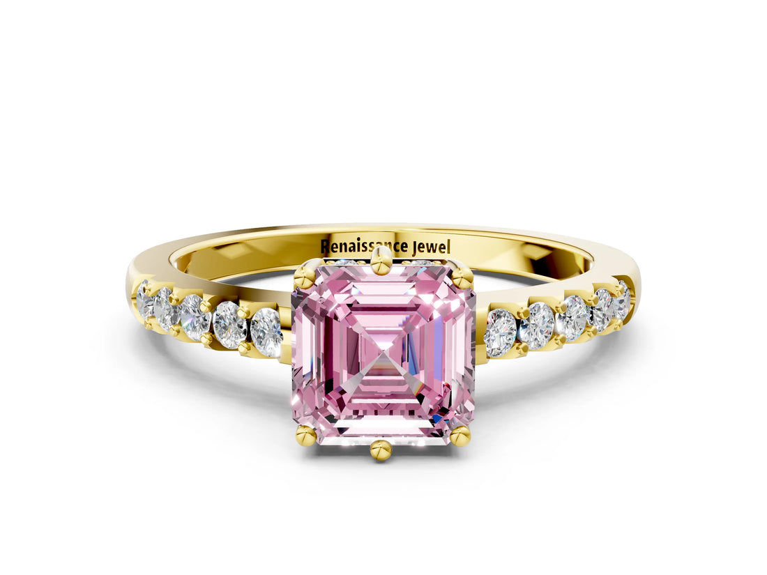 Yellow gold Fancy Pink Asscher Cut Solitaire Diamond Engagement Ring with Pavé Band and Six-Prong Setting_24