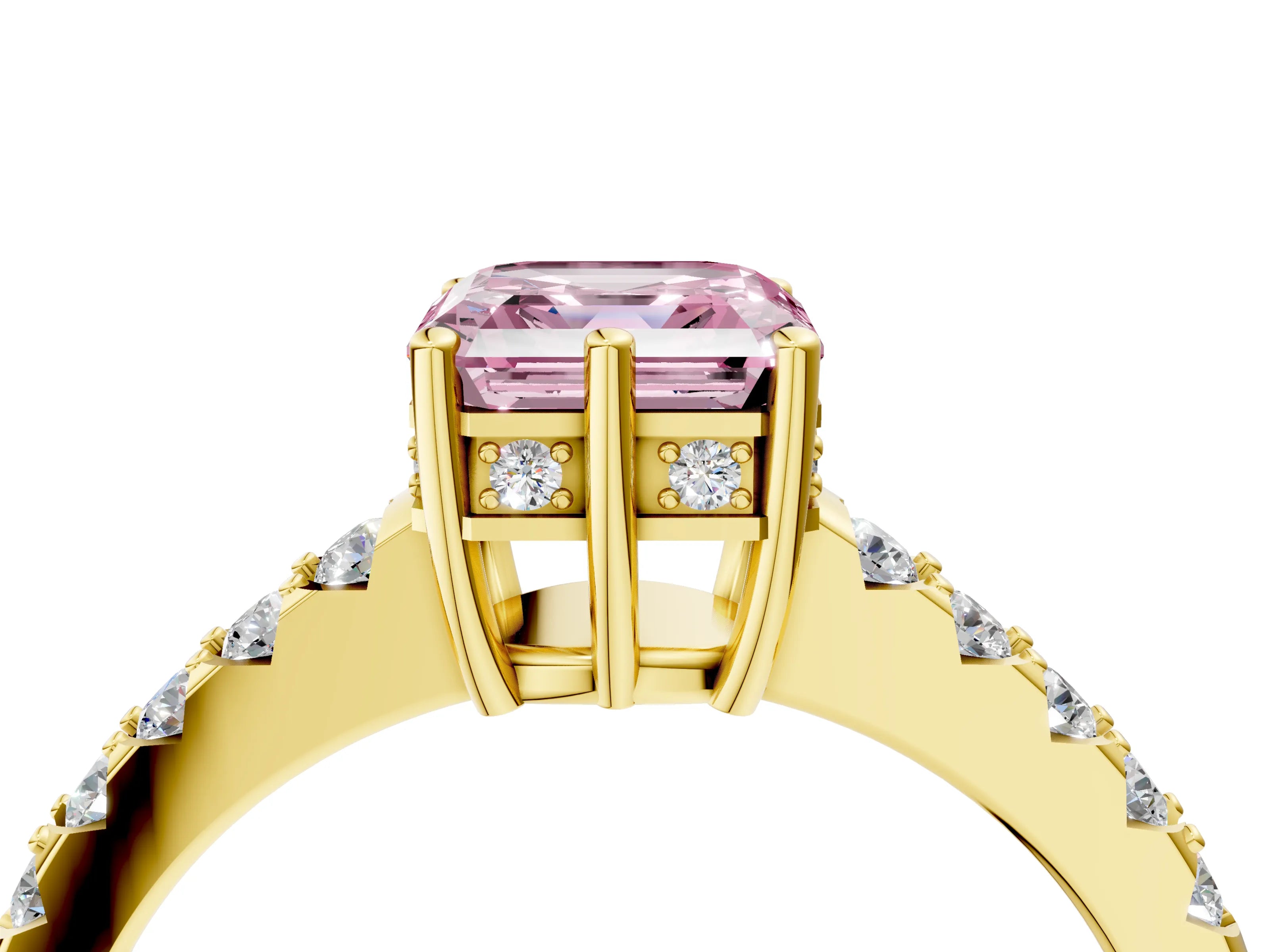 Yellow gold Fancy Pink Asscher Cut Solitaire Diamond Engagement Ring with Pavé Band and Six-Prong Setting_4