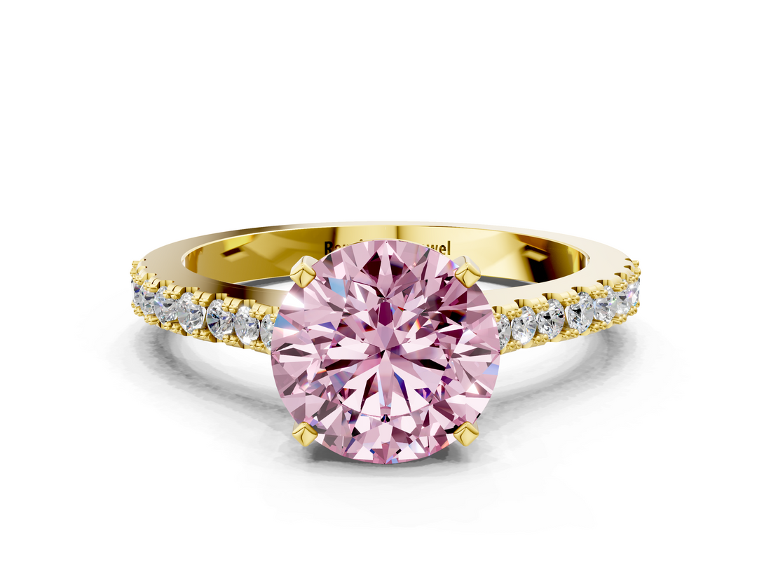 Yellow gold Fancy Pink Asscher  Cut Solitaire Diamond Engagement Ring with Pave Band and Four-Prong Setting