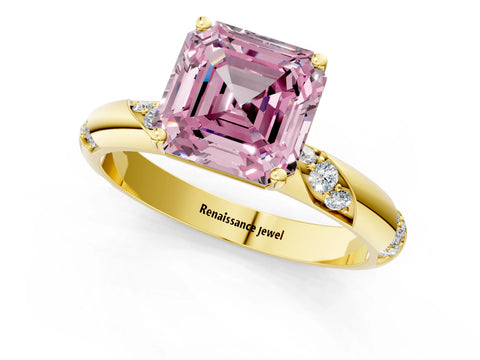 Yellow gold Fancy Pink Asscher Cut Solitaire Diamond Engagement Ring with Twisted Pave Band and Four-Prong Setting_4