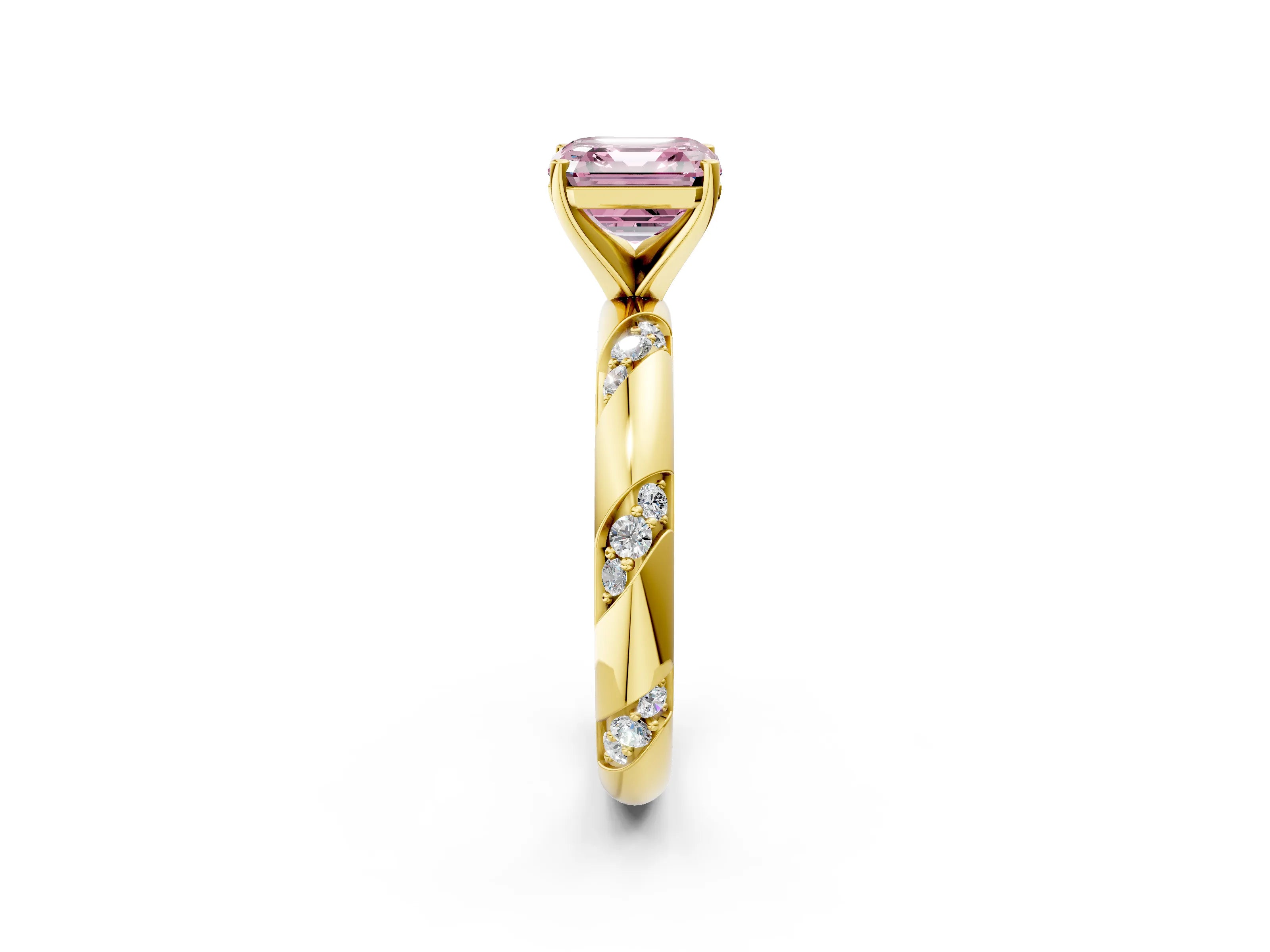 Yellow gold Fancy Pink Asscher Cut Solitaire Diamond Engagement Ring with Twisted Pave Band and Four-Prong Setting_5