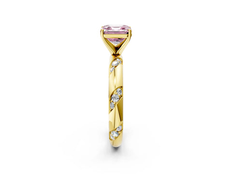 Yellow gold Fancy Pink Asscher Cut Solitaire Diamond Engagement Ring with Twisted Pave Band and Four-Prong Setting_5
