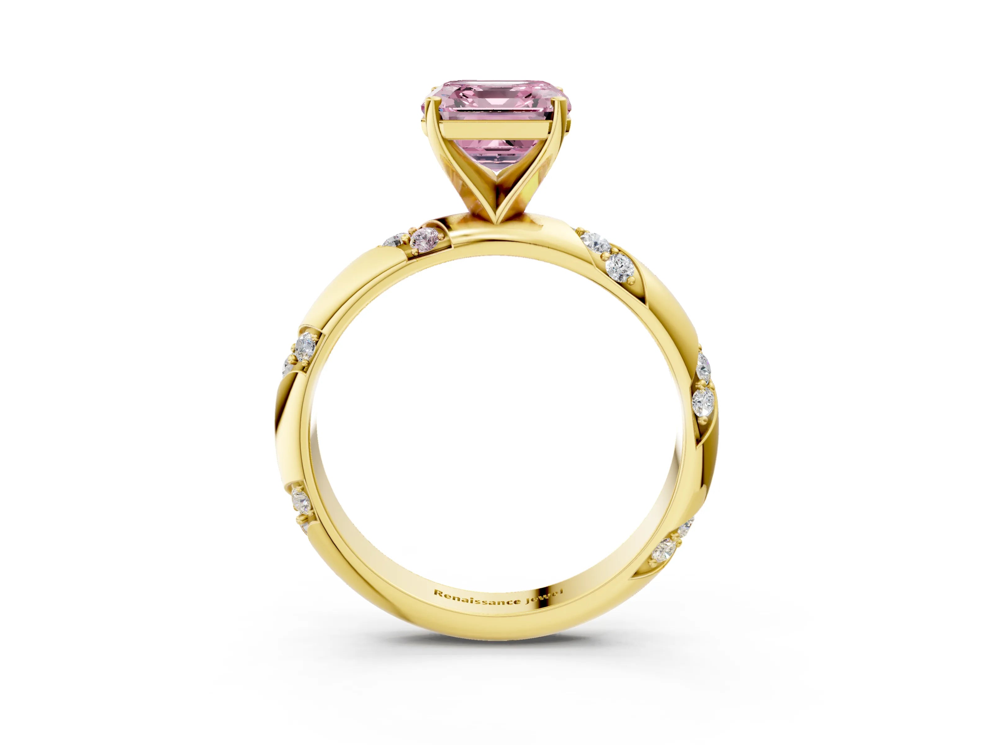 Yellow gold Fancy Pink Asscher Cut Solitaire Diamond Engagement Ring with Twisted Pave Band and Four-Prong Setting_6