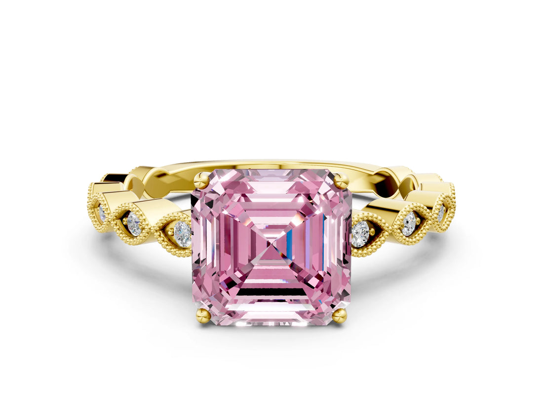 Yellow gold Fancy Pink Asscher Cut Solitaire Diamond Ring with Infinity Twist Band and Four-Prong Setting