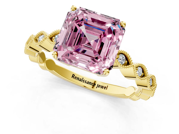 Yellow gold Fancy Pink Asscher Cut Solitaire Diamond Ring with Infinity Twist Band and Four-Prong Setting