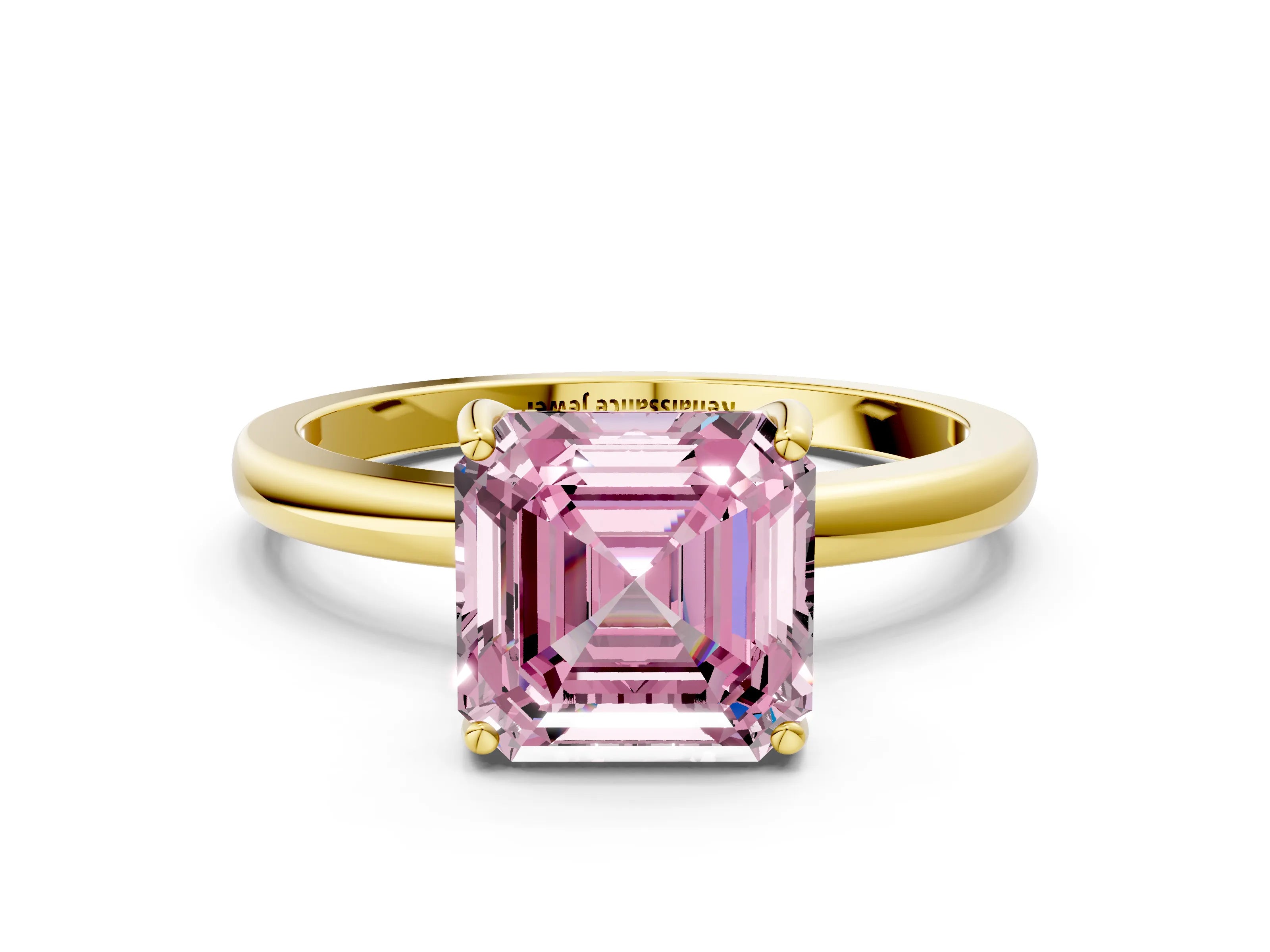 Yellow gold Fancy Pink Asscher Cut Solitaire Diamond Ring with Prong Setting and Plain Band