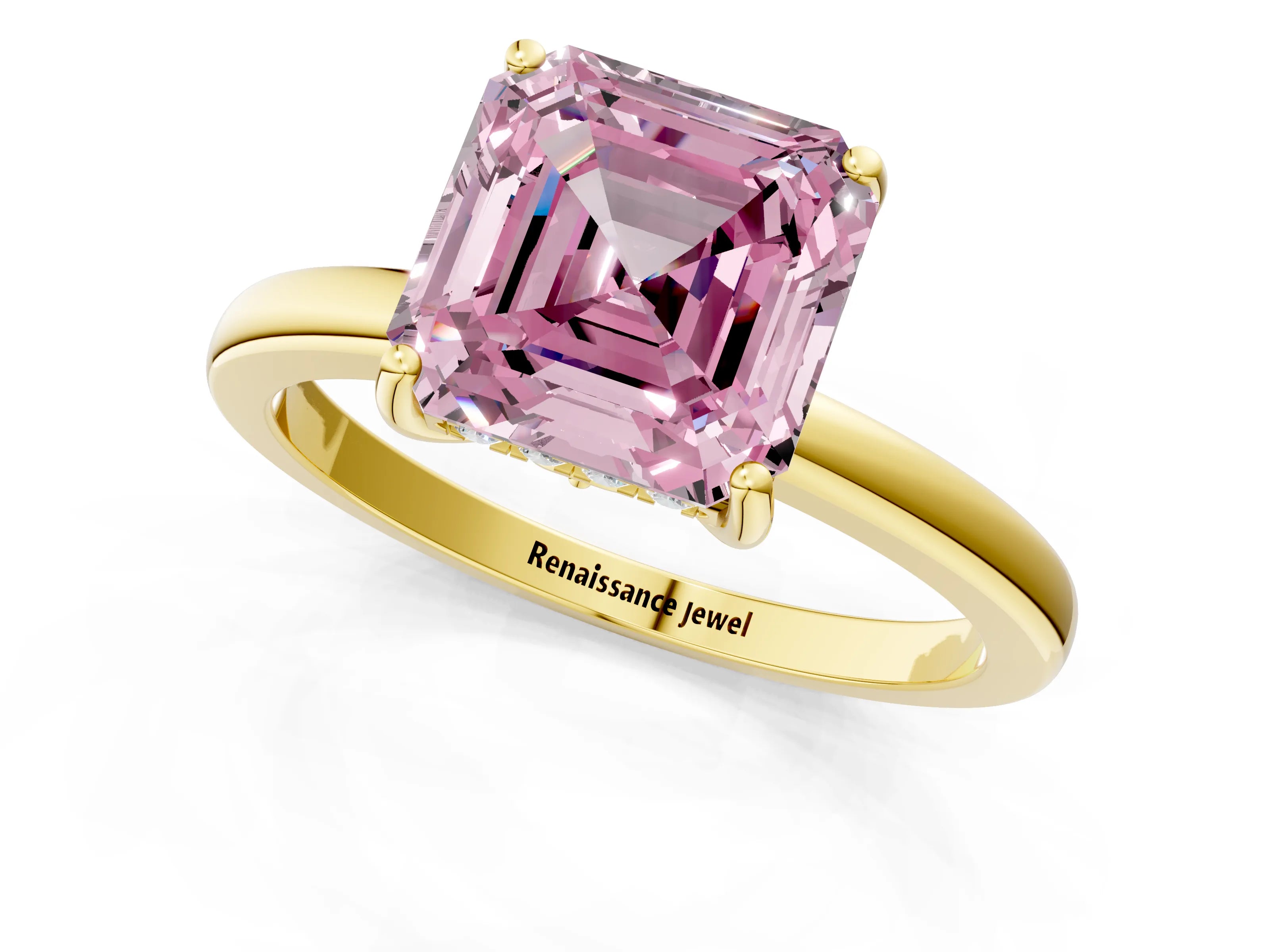 Yellow gold Fancy Pink Asscher Cut Solitaire Diamond Ring with Prong Setting and Plain Band_1