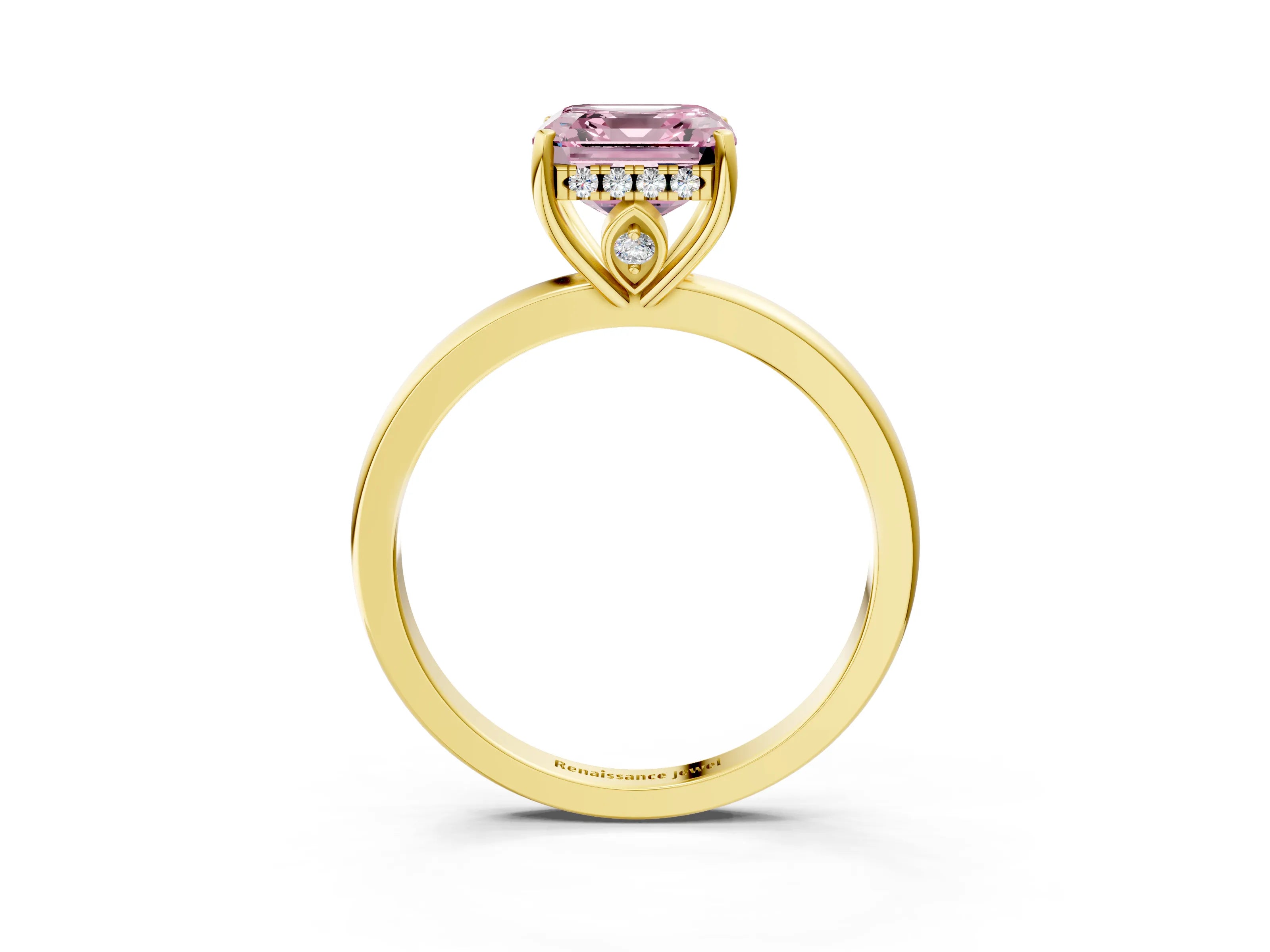Yellow gold Fancy Pink Asscher Cut Solitaire Diamond Ring with Prong Setting and Plain Band_3