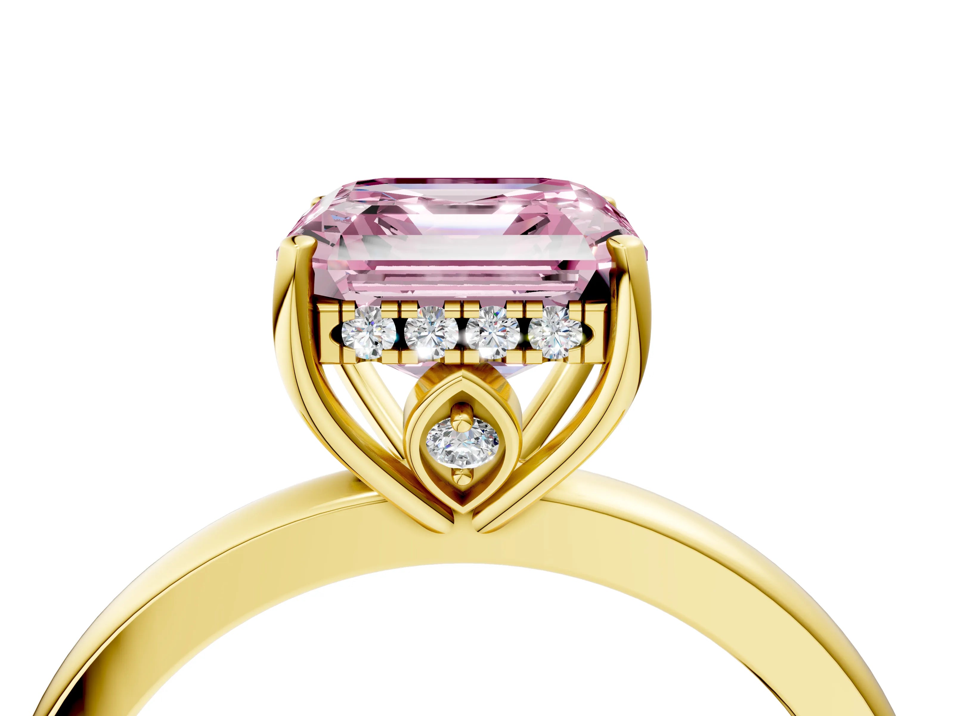 Yellow gold Fancy Pink Asscher Cut Solitaire Diamond Ring with Prong Setting and Plain Band_4