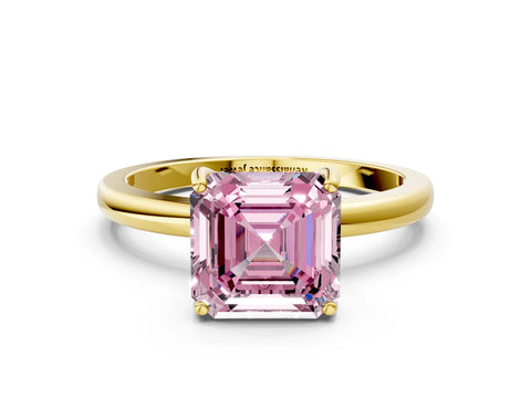Yellow gold Fancy Pink Asscher Cut Solitaire Diamond Ring with Prong Setting and Plain Band