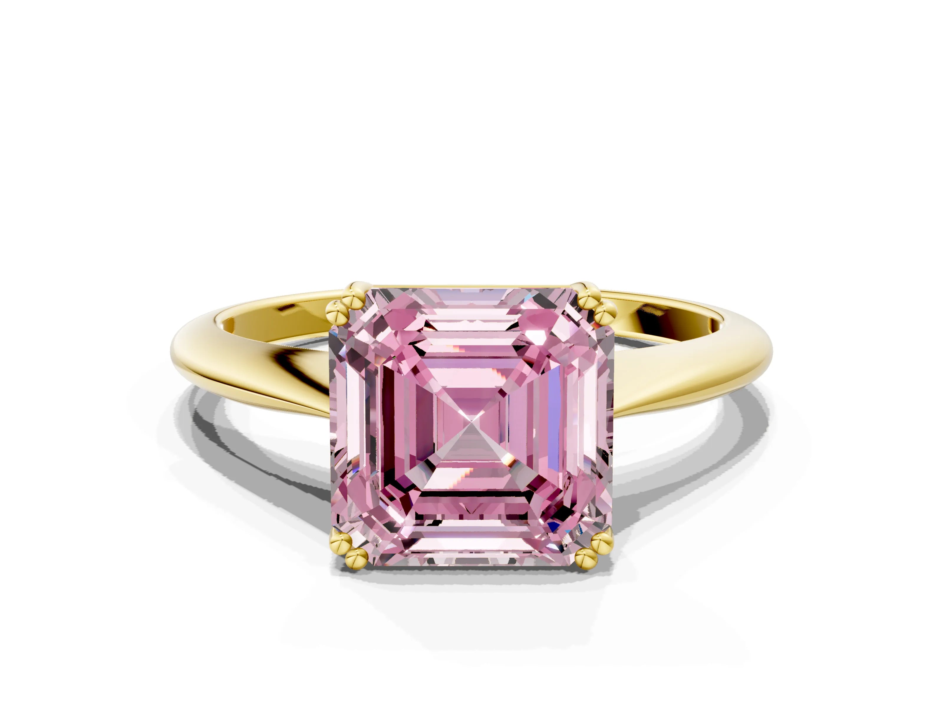 Yellow gold Fancy Pink Asscher Cut Solitaire Diamond Ring with Six-Prong Setting and Classic Band