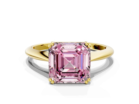 Yellow gold Fancy Pink Asscher Cut Solitaire Diamond Ring with Six-Prong Setting and Classic Band
